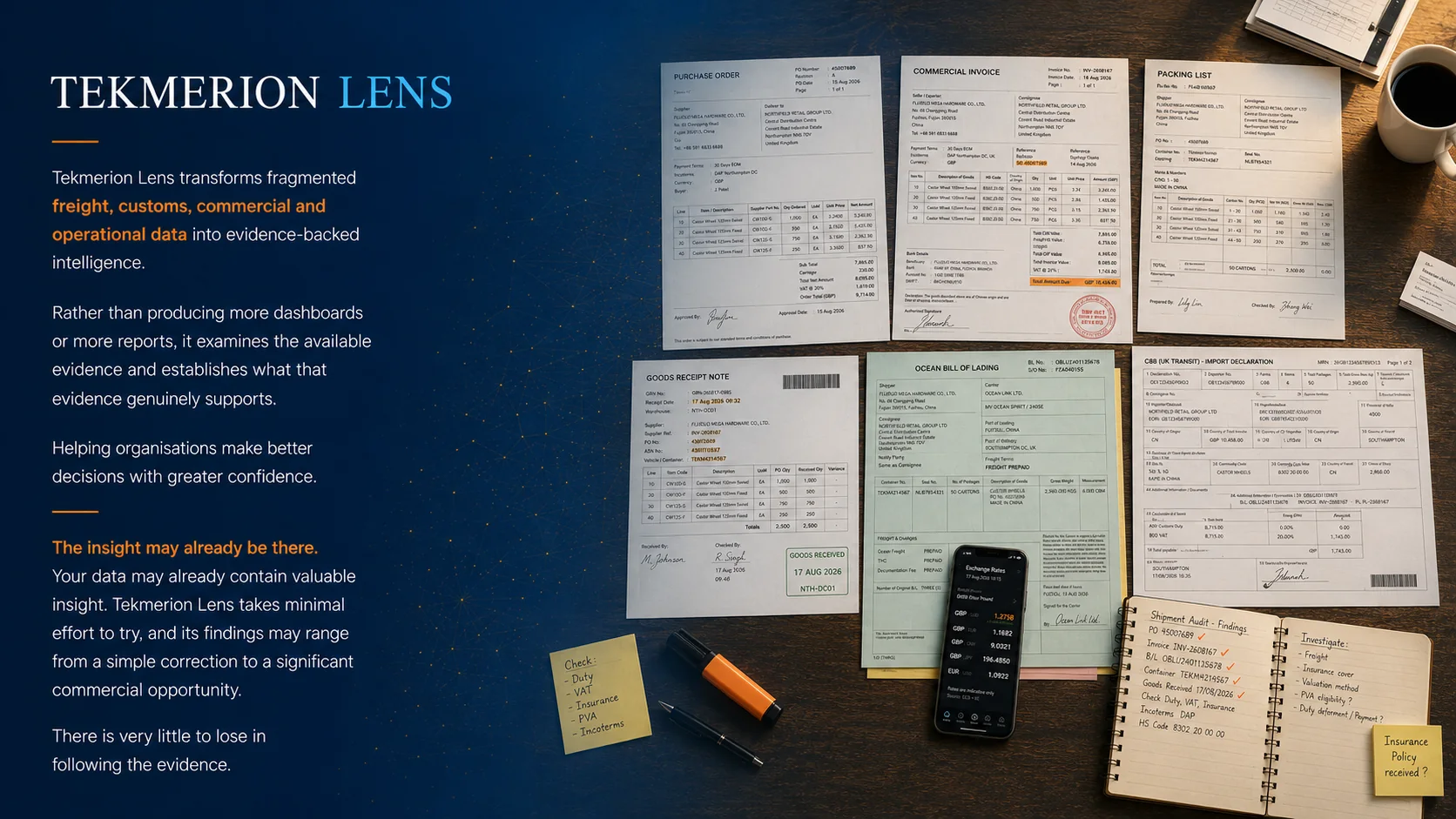 Tekmerion Lens document workspace showing freight, customs, commercial and operational evidence arranged for analysis.