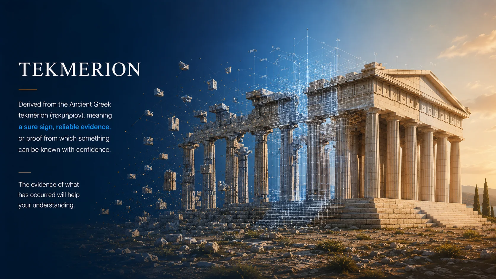 Tekmerion: a classical temple progressing from archaeological remains through an evidence blueprint into a complete structure.